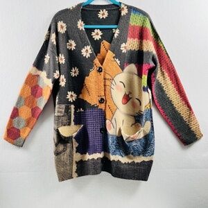 YESNO Wool Blend Cardigan Sweater Women's Button Up Graphic Cat Floral w Pockets